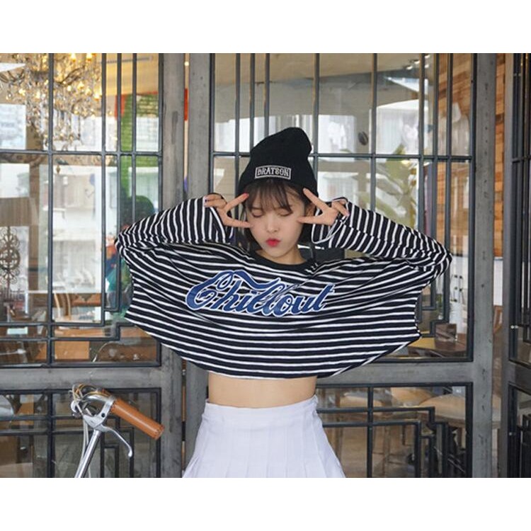 TE6558YZS T-shirt con maniche a pipistrello con stampa di lettere a strisce di grandi dimensioni alla moda coreana-3