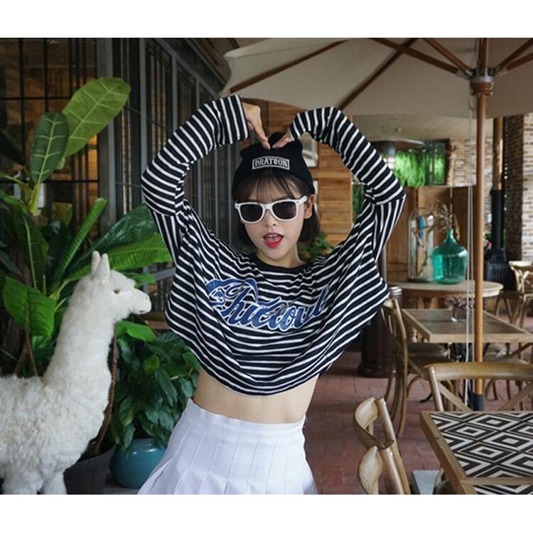 TE6558YZS T-shirt con maniche a pipistrello con stampa di lettere a strisce di grandi dimensioni alla moda coreana-5