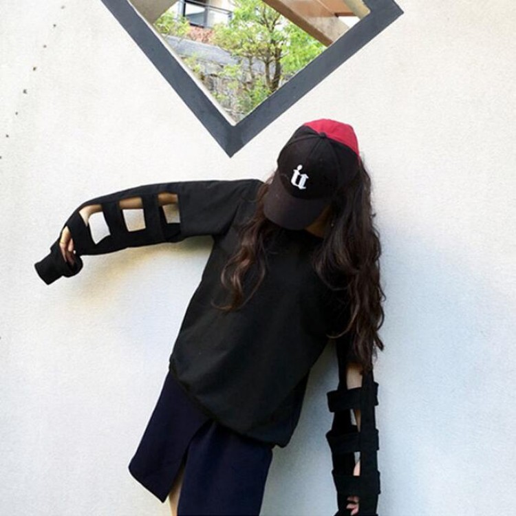 TE6559YZS T-shirt ampia a maniche lunghe con buchi street fashion-5