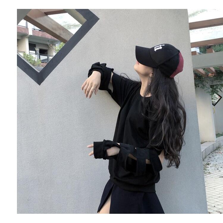 TE6559YZS T-shirt ampia a maniche lunghe con buchi street fashion-3