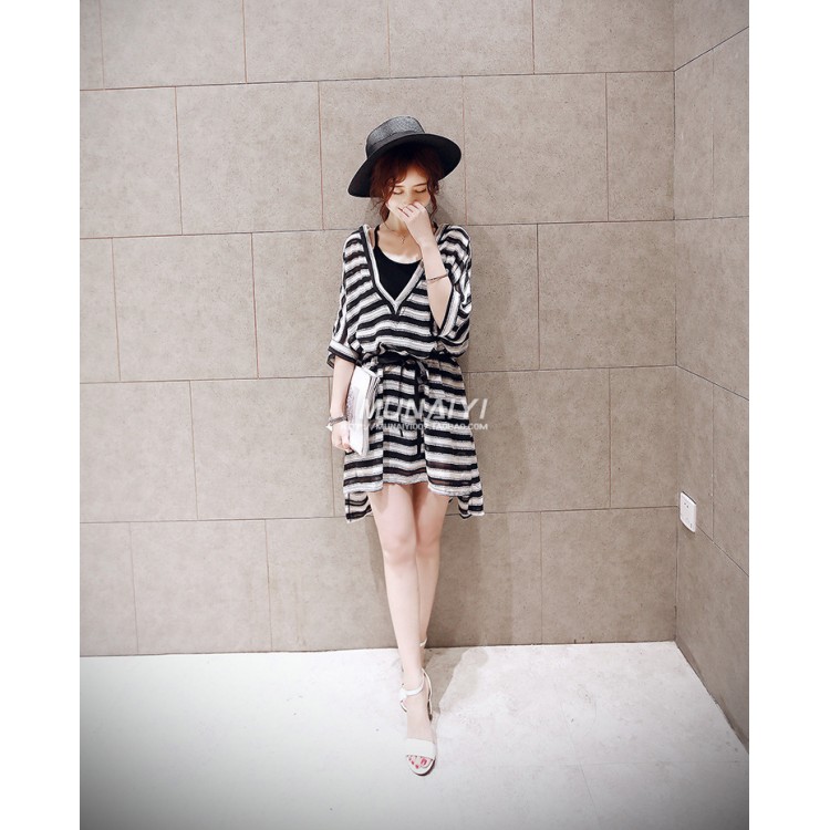 TE6603HPG Abito premaman in due pezzi di nuova moda coreana con scollo a V e strisce sottili-4