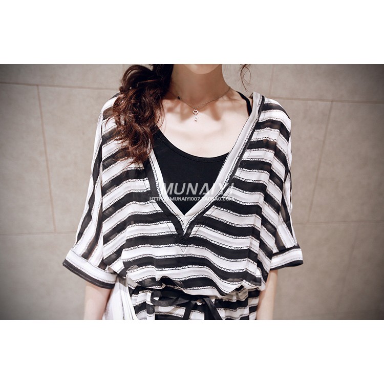 TE6603HPG Abito premaman in due pezzi di nuova moda coreana con scollo a V e strisce sottili-8