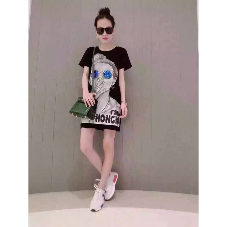 TE6605HXFS Abito t-shirt con stampa occhiali da ragazza con paillettes-1