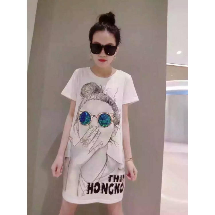 TE6605HXFS Abito t-shirt con stampa occhiali da ragazza con paillettes-2