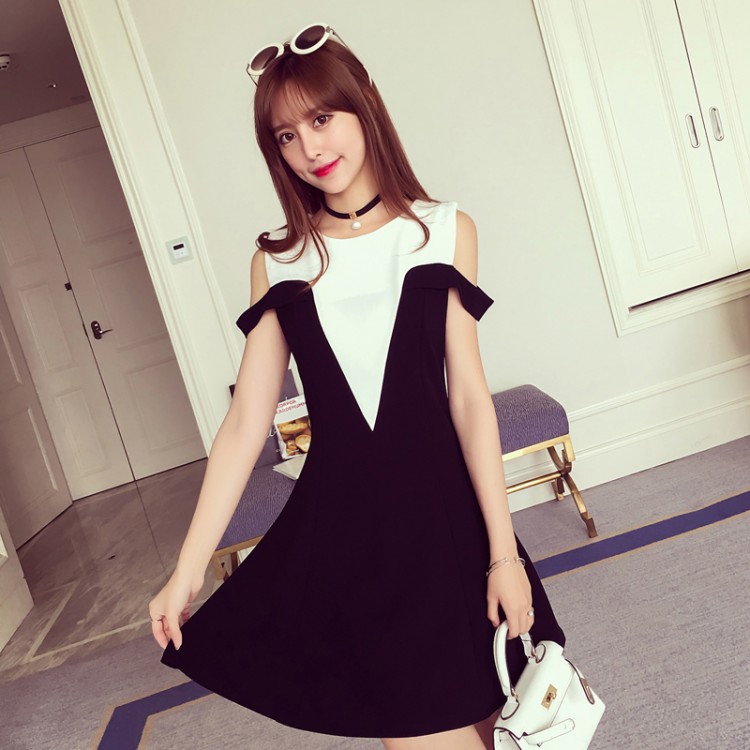 TE6606HXFS Abito da donna con temperamento, colore a contatto, scollo a V, spalle scoperte-5