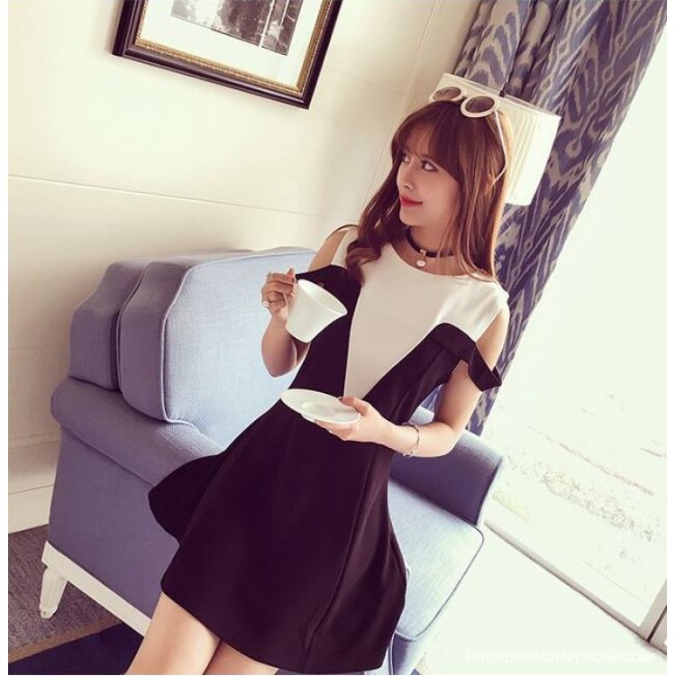 TE6606HXFS Abito da donna con temperamento, colore a contatto, scollo a V, spalle scoperte-2