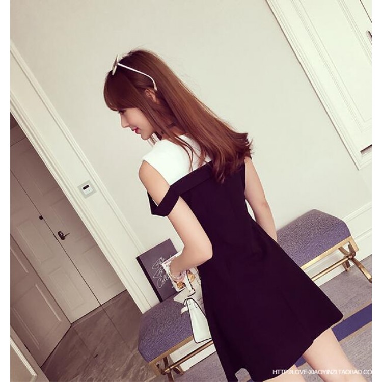 TE6606HXFS Abito da donna con temperamento, colore a contatto, scollo a V, spalle scoperte-4