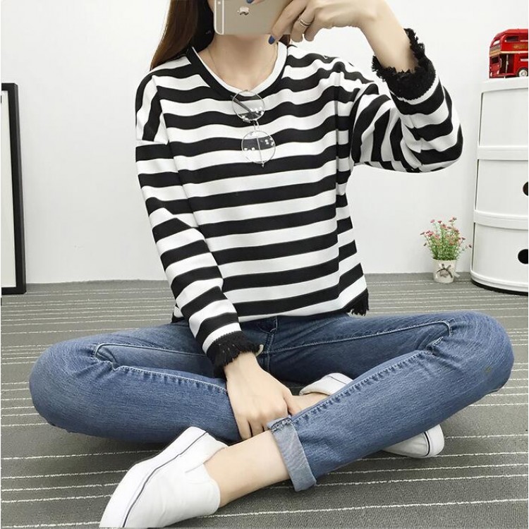 TE6640BYZJ T-shirt a maniche lunghe stile preppy a righe joker moda coreana-4