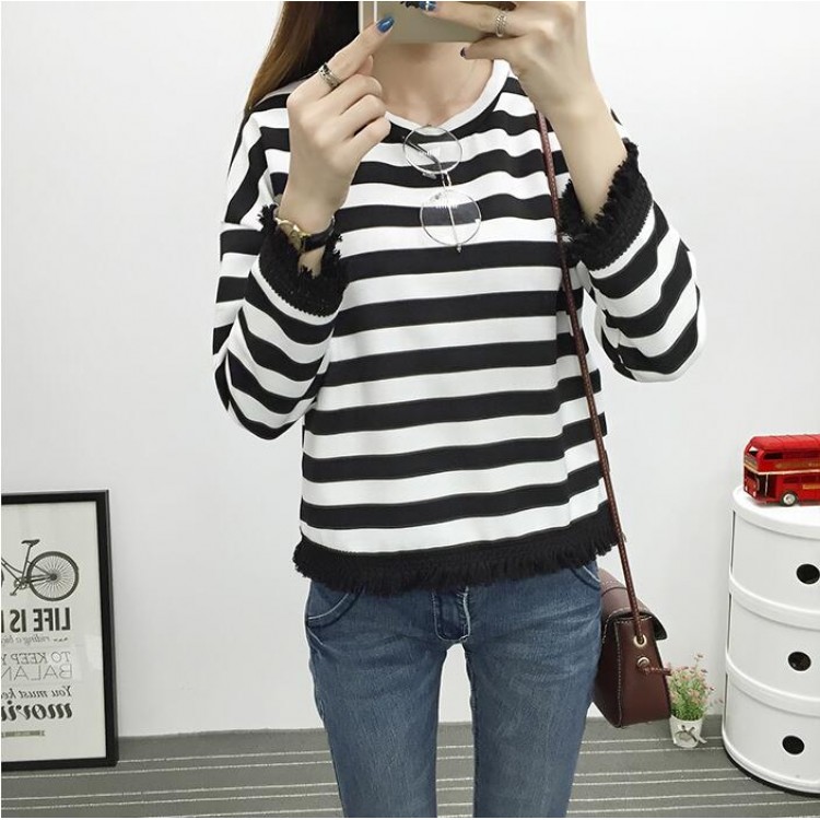 TE6640BYZJ T-shirt a maniche lunghe stile preppy a righe joker moda coreana-7