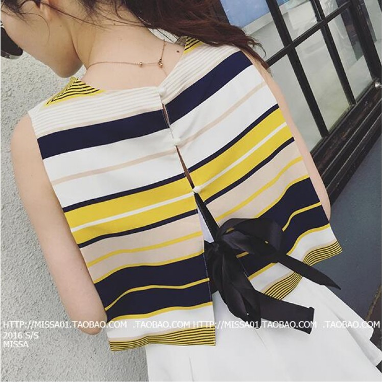 TE6685YRYY Top senza maniche con gonna e allacciatura sul retro a righe larghe-4