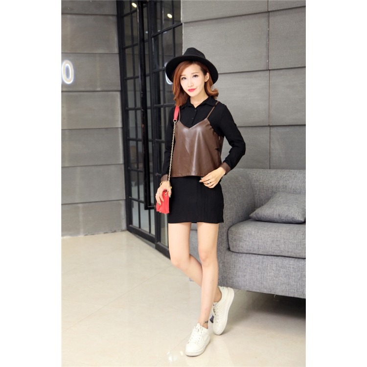 TE679YRYY Camicia lunga in due pezzi finti in pelle alla moda coreana-4