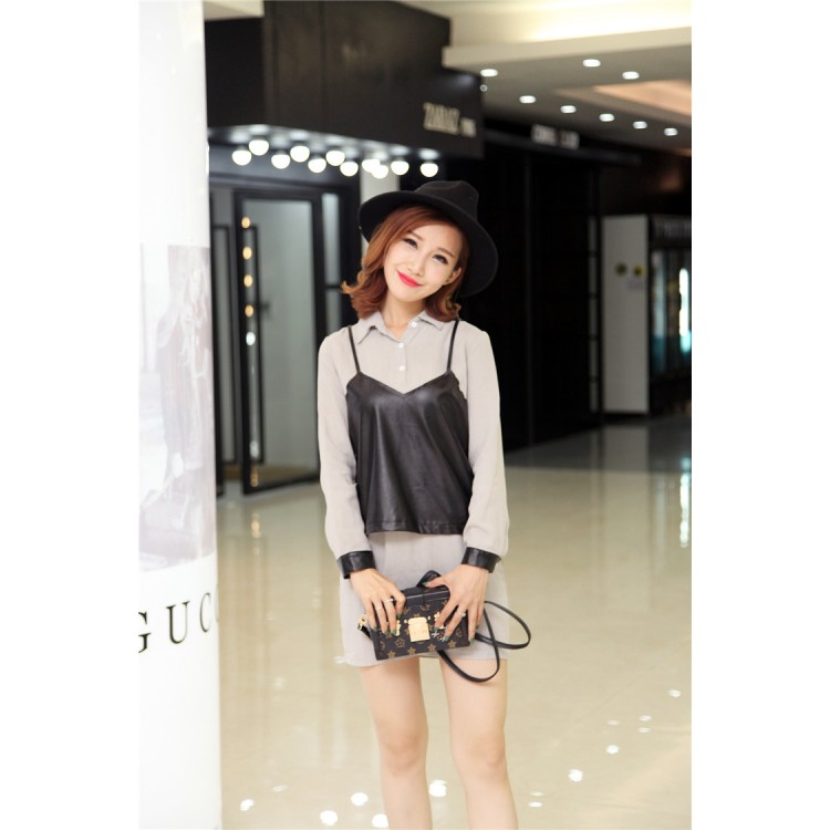 TE679YRYY Camicia lunga in due pezzi finti in pelle alla moda coreana-7