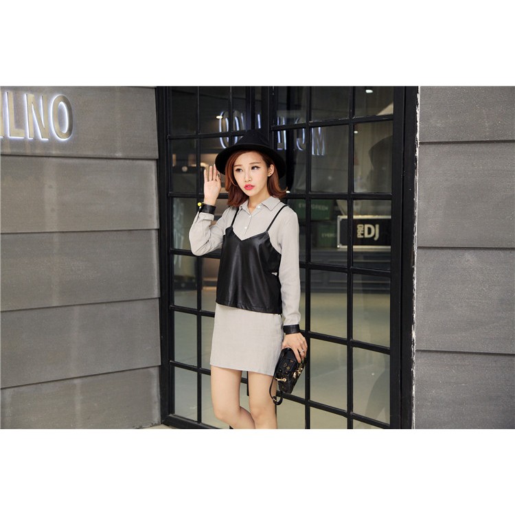 TE679YRYY Camicia lunga in due pezzi finti in pelle alla moda coreana-8