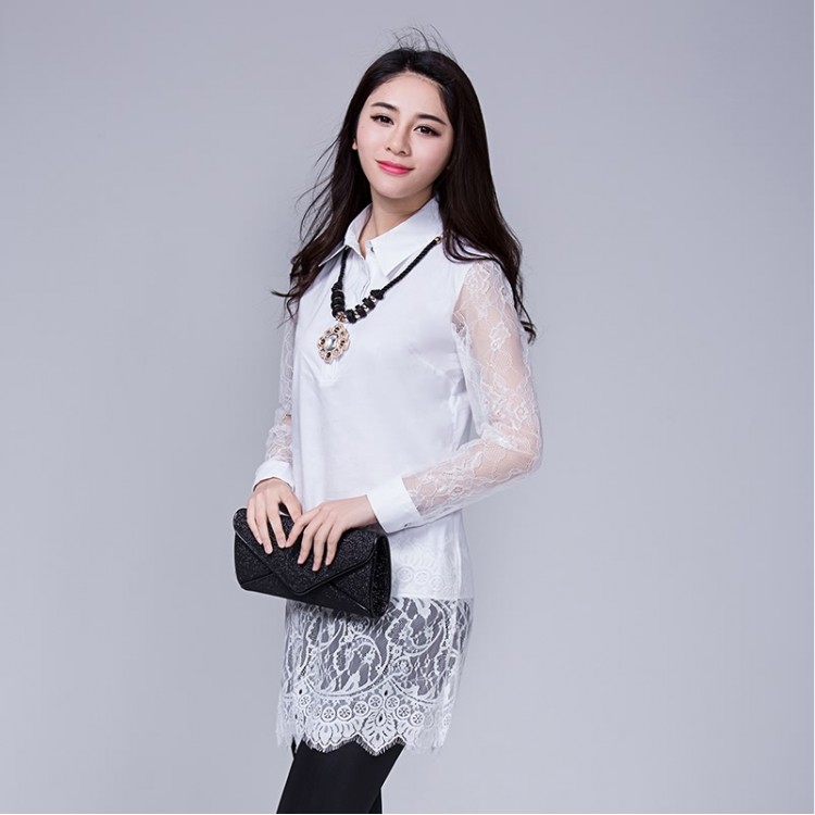 TE6917MEY Camicia con risvolto in colore puro con giunture in pizzo alla moda coreana-2