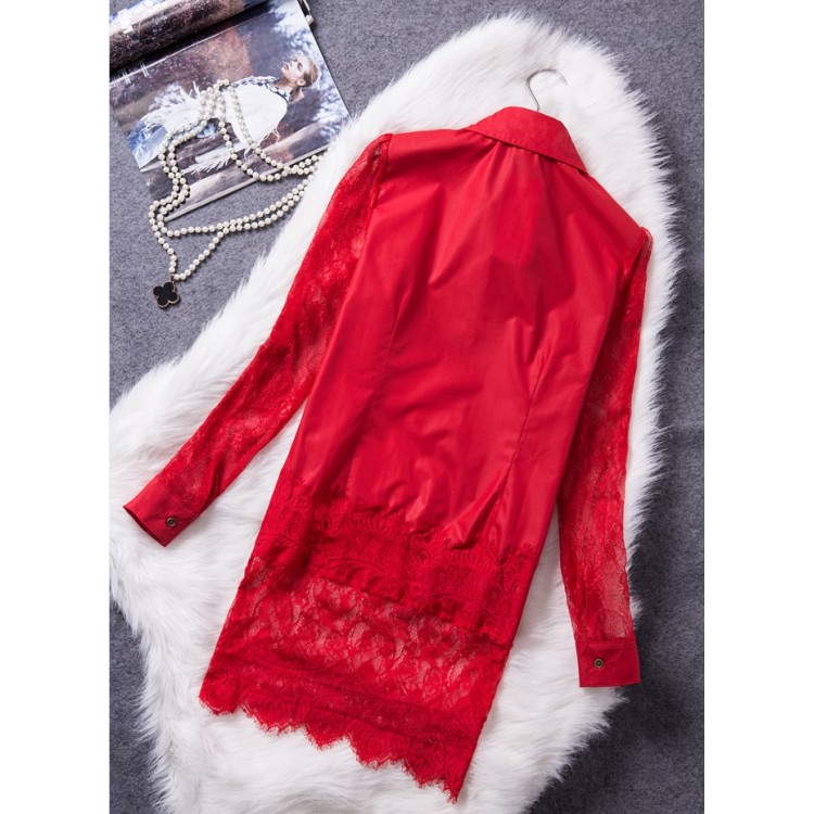 TE6917MEY Camicia con risvolto in colore puro con giunture in pizzo alla moda coreana-8