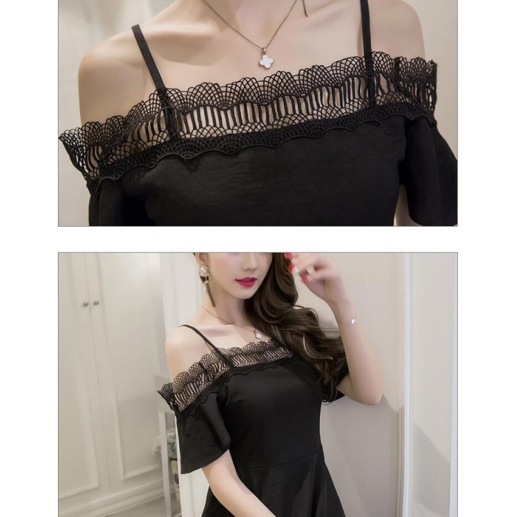 TE7018WMSS Abito in stile coreano con maniche a balza e scollo a barca in pizzo scolpito-5