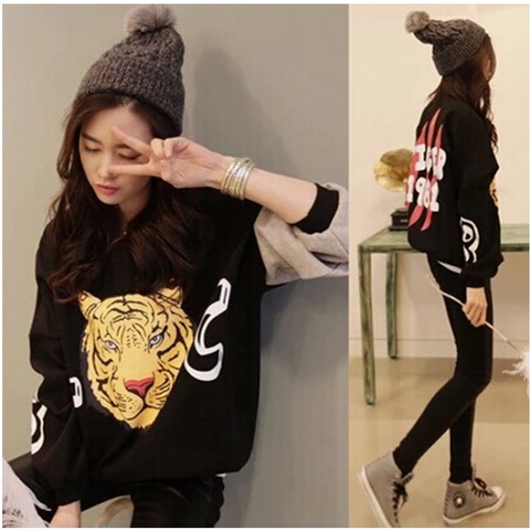 TE1002HYFS Felpa pullover con maniche colorate e stampa testa di tigre-6