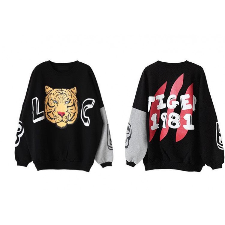 TE1002HYFS Felpa pullover con maniche colorate e stampa testa di tigre-4