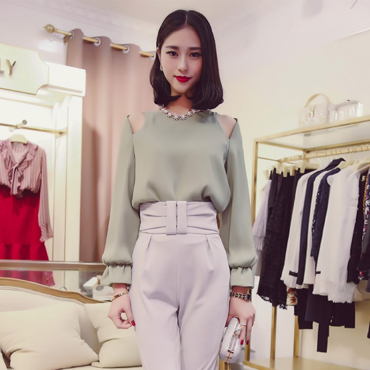 TE8032DDLY Camicia in chiffon di puro colore temperamento con pullover con spalle scoperte e collo tondo-7