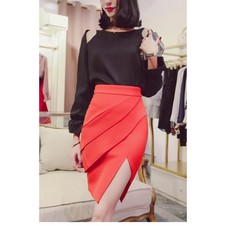 TE8032DDLY Camicia in chiffon di puro colore temperamento con pullover con spalle scoperte e collo tondo-2