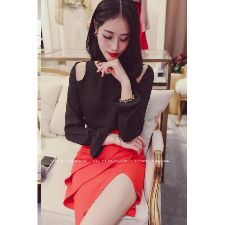 TE8032DDLY Camicia in chiffon di puro colore temperamento con pullover con spalle scoperte e collo tondo-3