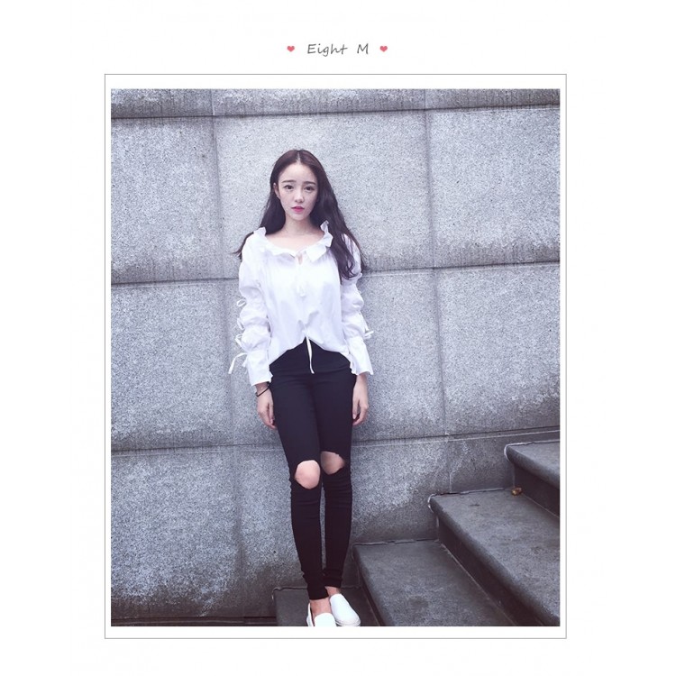 TE8049ZYKJ Camicia bianca alla moda coreana con colletto a balze e maniche allacciate-1