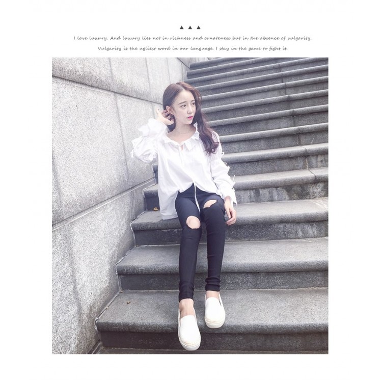 TE8049ZYKJ Camicia bianca alla moda coreana con colletto a balze e maniche allacciate-2