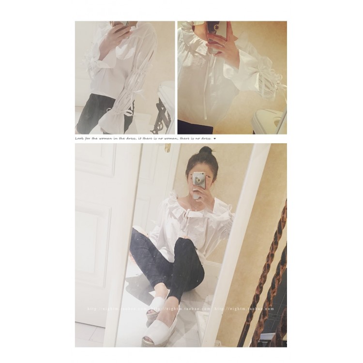 TE8049ZYKJ Camicia bianca alla moda coreana con colletto a balze e maniche allacciate-3