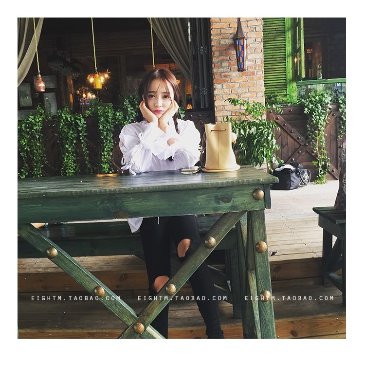 TE8049ZYKJ Camicia bianca alla moda coreana con colletto a balze e maniche allacciate-4