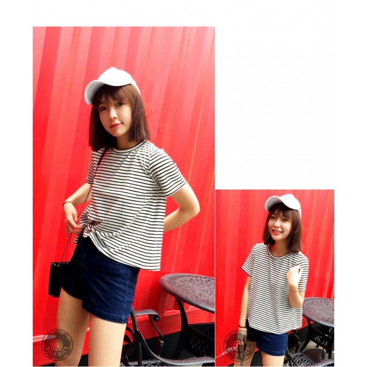 TE8100VVNL T-shirt rosa a righe con balza sul retro-1