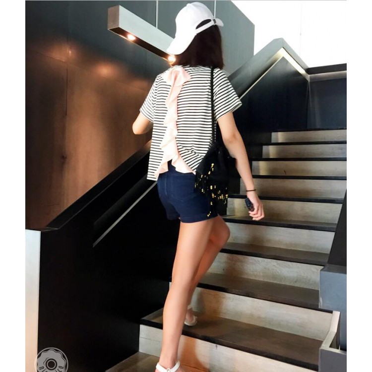 TE8100VVNL T-shirt rosa a righe con balza sul retro-2