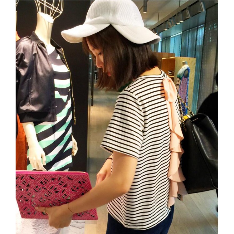 TE8100VVNL T-shirt rosa a righe con balza sul retro-3