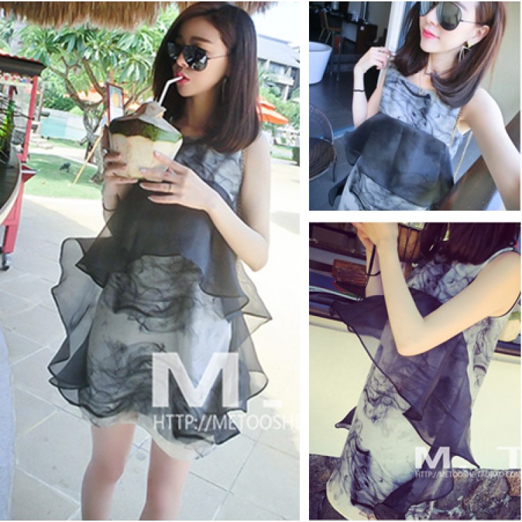 TE8187 Abito gilet in organza con pittura a inchiostro cinese-4