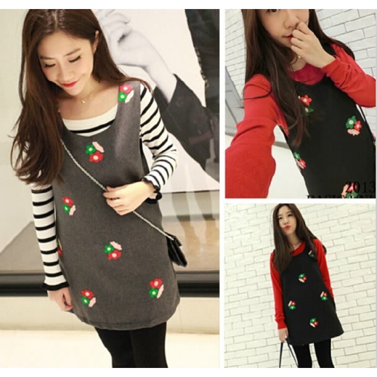 TE8215BL Abito gilet in lana con fiori ricamati in stile coreano-7