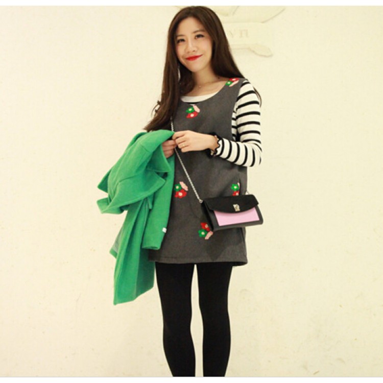 TE8215BL Abito gilet in lana con fiori ricamati in stile coreano-2