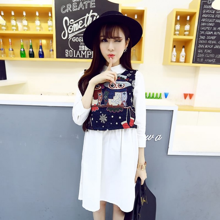 TE8235BLFS Abito stile camicia in due pezzi con stampa gufi-4