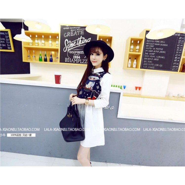 TE8235BLFS Abito stile camicia in due pezzi con stampa gufi-1