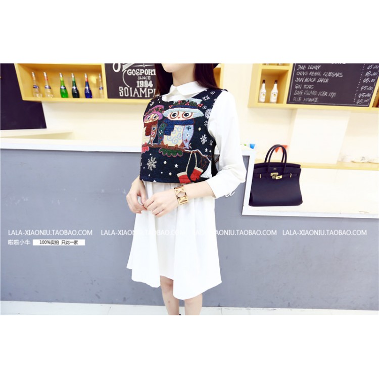 TE8235BLFS Abito stile camicia in due pezzi con stampa gufi-2