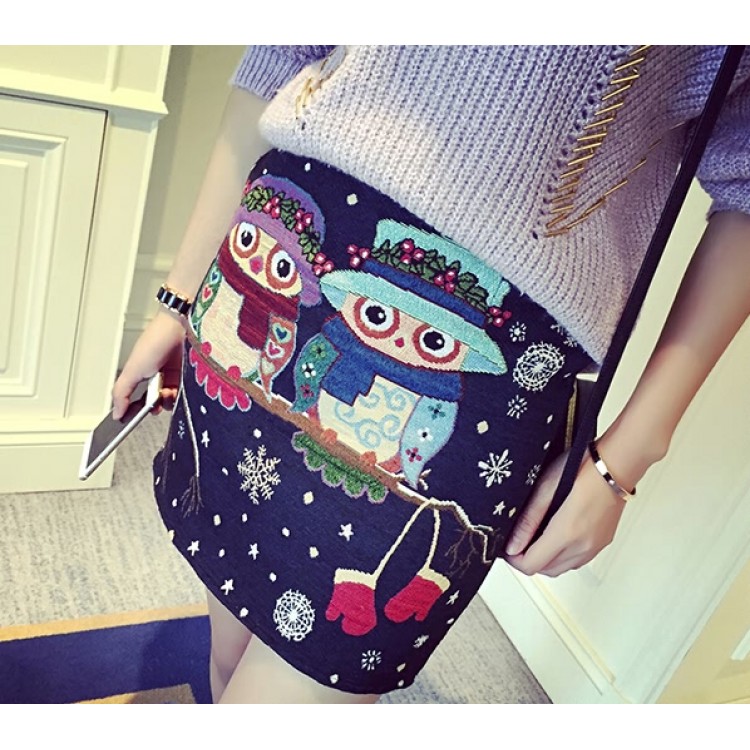 TE8236BLFS Gonna attillata con stampa gufi in stile Harajuku-4