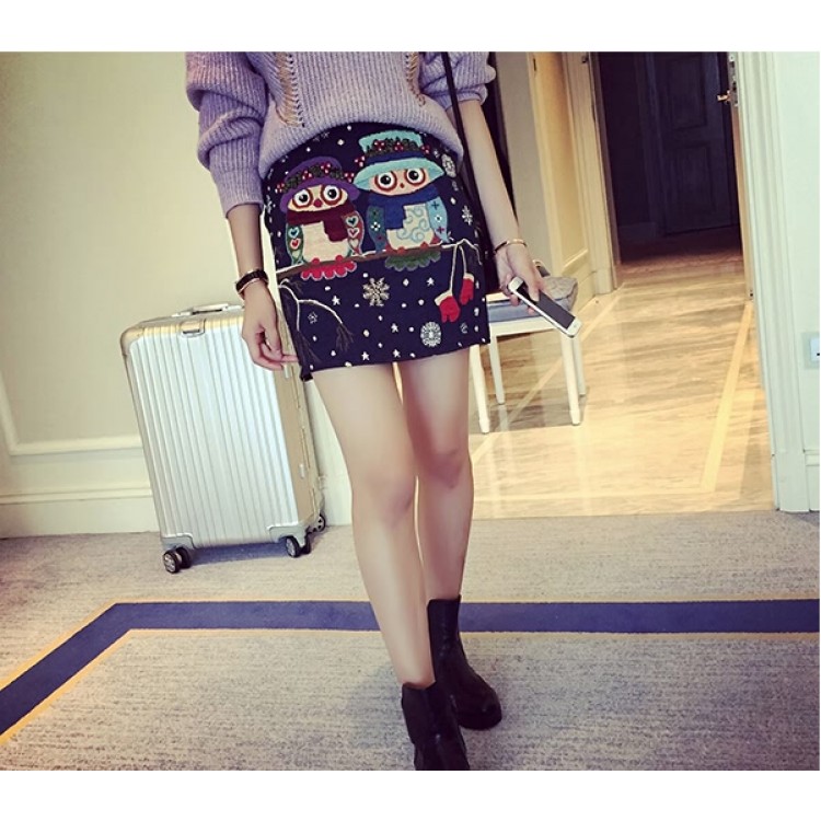 TE8236BLFS Gonna attillata con stampa gufi in stile Harajuku-6