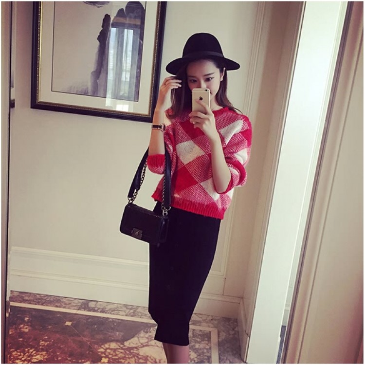 TE8237BLFS Maglione pullover alla moda coreana con motivo a quadri e colori abbinati-2