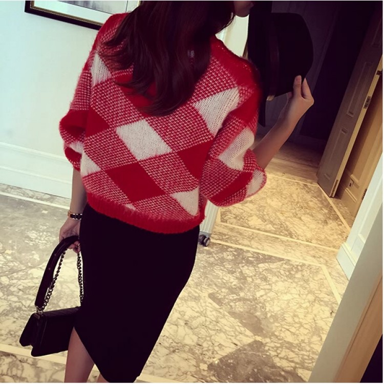 TE8237BLFS Maglione pullover alla moda coreana con motivo a quadri e colori abbinati-4