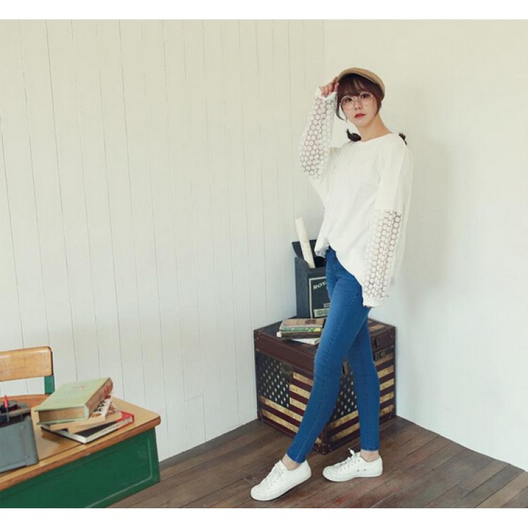 TE8377XYZ T-shirt con maniche impiombate in pizzo casual di colore puro sciolto-4