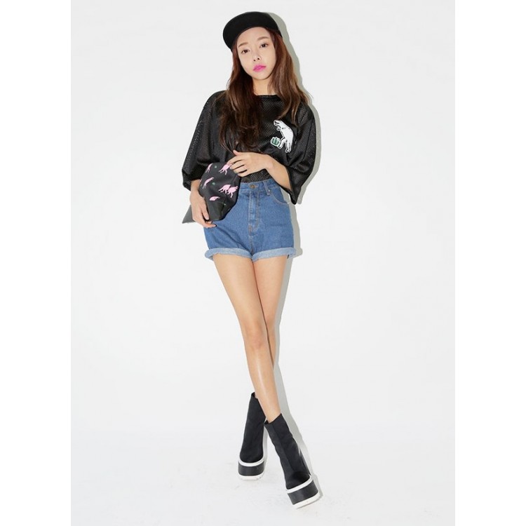 TE8631YYFS T-shirt ampia in rete scavata con lettere di dinosauro stile baseball-3