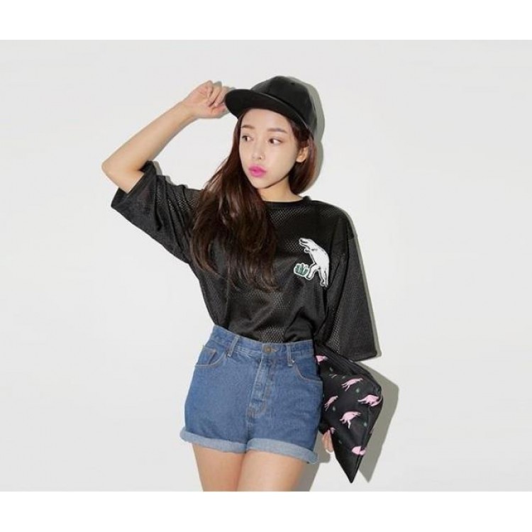 TE8631YYFS T-shirt ampia in rete scavata con lettere di dinosauro stile baseball-4