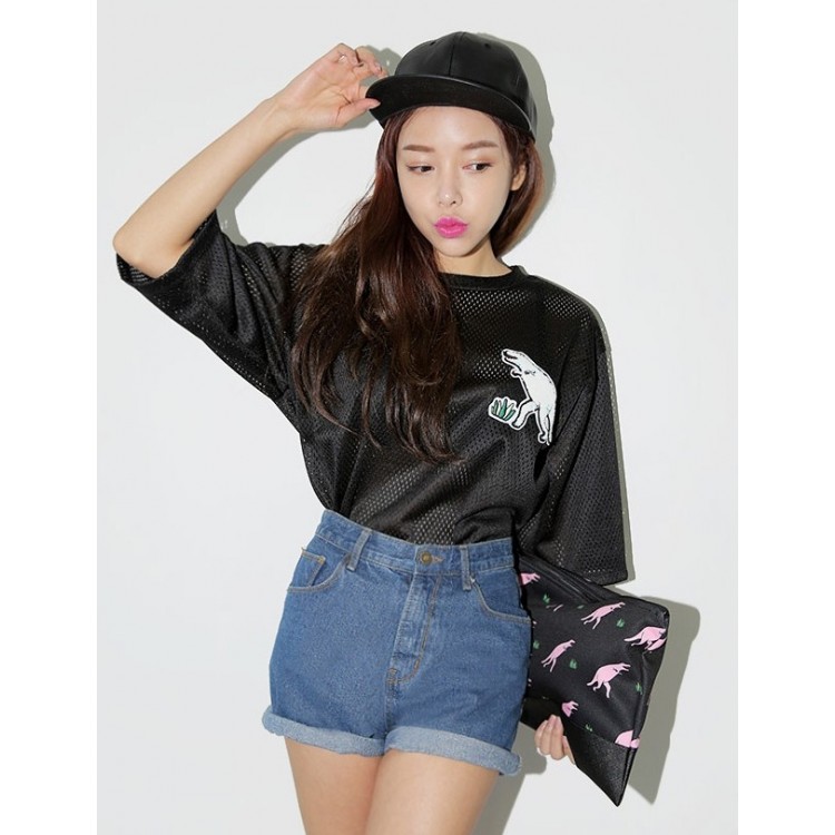 TE8631YYFS T-shirt ampia in rete scavata con lettere di dinosauro stile baseball-6