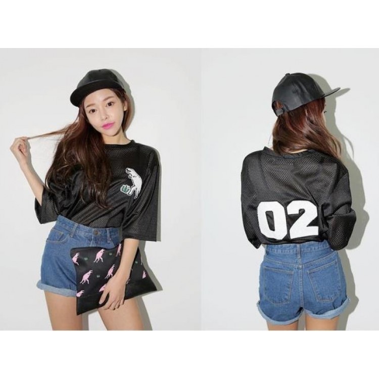 TE8631YYFS T-shirt ampia in rete scavata con lettere di dinosauro stile baseball-7