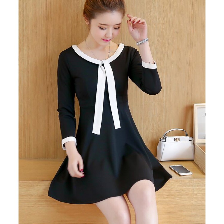 TE8701XBFS Abito nero Hepburn slim stile impero coreano alla moda-2