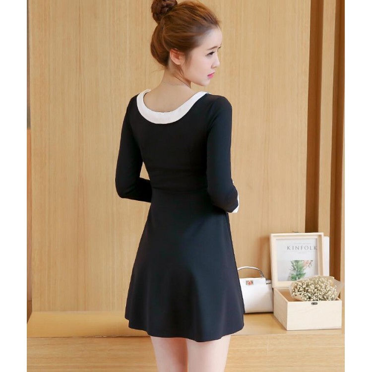 TE8701XBFS Abito nero Hepburn slim stile impero coreano alla moda-4