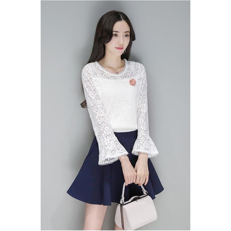 TE8706XBFS Nuovo stile top in pizzo con maniche a tromba e gonna in vita impero-1